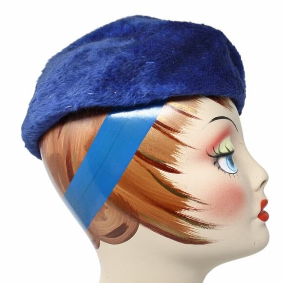 Vintage Suzanne Mode Duchess Blue Faux Fur Beret Style Hat Body Italy - Hey Viv - Picture 3 of 7